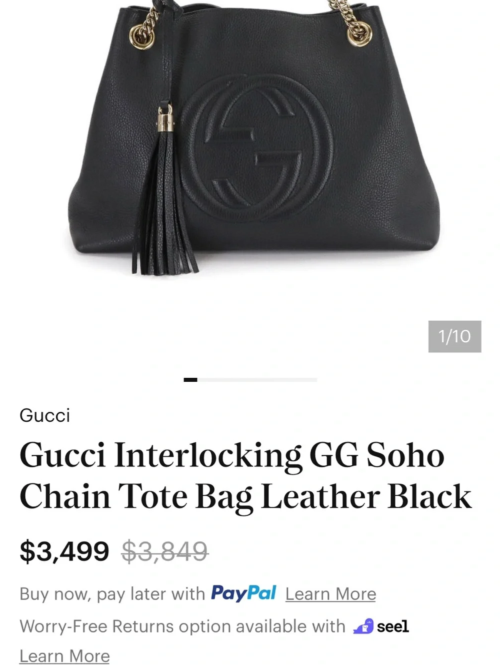 Gucci interlocking GG Black Soho Leather Shoulder Bag with Gold Chain and Tassel